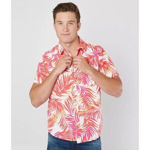 VSTR Pink Orange Tropical Palm Leaf Print Linen Resort Nomad Button Up Shirt M